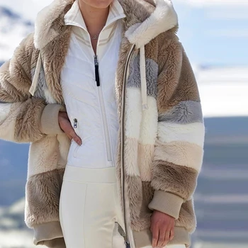 2021 Zimné Ženy Plyšové Kabát Módy S Kapucňou Na Zips Bundy Bežné Nadrozmerné Šitie Koberčeky Umelú Kožušinu Teplou Dámy Vetrovka Bunda