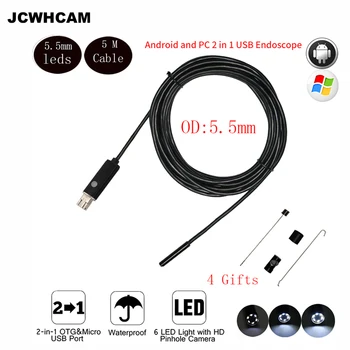 JCWHCAM 5,5 mm Ľan, 5M USB Android Endoskopu Nepremokavé 6 LED Borescope Trubice Inšpekcie Video Snímania Fotografií Mini Kamera CD