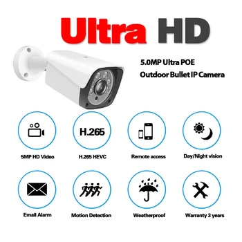 H. 265 5MP POE IP Bezpečnostné Kamery Vonkajšie Nepremokavé CCTV Bullet Monitorovanie Cam Audio Nočné Videnie Video Surveillance Camera 2MP