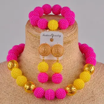 Fuchsia pink gold afriky šperky nastavenie simulovanej pearl kostým náhrdelník afriky nastaviť nigérijský svadobné korálky ZZ10