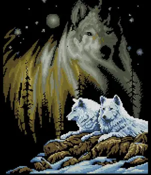 Kvalitné Krásne Krásne Počíta Cross Stitch Auta Vlk Ducha Dva Zasnežené Snehu Vlkov v Zime Noc
