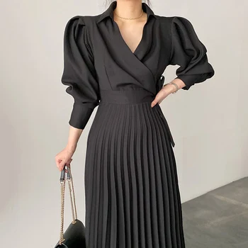 Dlhý Rukáv Vysoký Pás Jar Luxusné Jeseň Roku 2022 Žena Skladaný Šaty Žena A-Line Strany Elegantný Retro Maxi Šaty pre Ženy