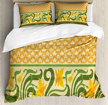 Art Nouveau posteľná bielizeň Nastaviť Fresco Geometrický Ornament s Exotickými Daffodil Kvetinový Hranice Perinu Obliečky na Vankúš Posteľ Nastaviť