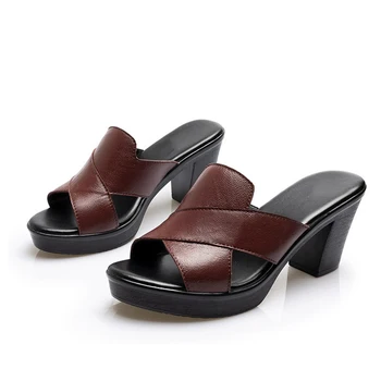 MVVJKE ženy reálnom kožené papuče vysokým podpätkom dámske topánky letné dámske pohodlné non-slip papuče ženy veľká veľkosť