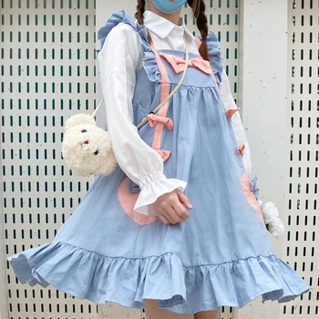 2020 Ružová Modrá Luk Prehrabať Šaty Žien Roztomilý Letné Oblečenie Mäkké Dievča College Kawaii Princezná Šaty Teen Lolita Vintage Trakmi