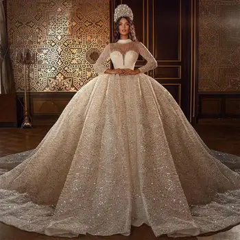 2021 Dubaj Luxusné Svadobné Šaty Plus Veľkosť Čipky Sequined Katedrála Svadobné Šaty Prispôsobiť Dlhý Rukáv Vintage vestido de novia