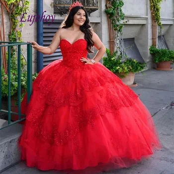 Elegantné Červené Quinceanera Šaty plesové Šaty, Mexickej Mimo Ramenný Princezná Maškaráda Dlho Sweet 16 Prom Šaty 15 ročný