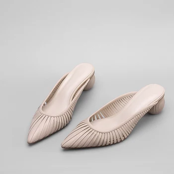 Dámske originálne kožené úzke pásmo priedušné letné nízky náklon pohodlne kĺže ukázal prst loptu päty tkaných šaty, sandále, topánky